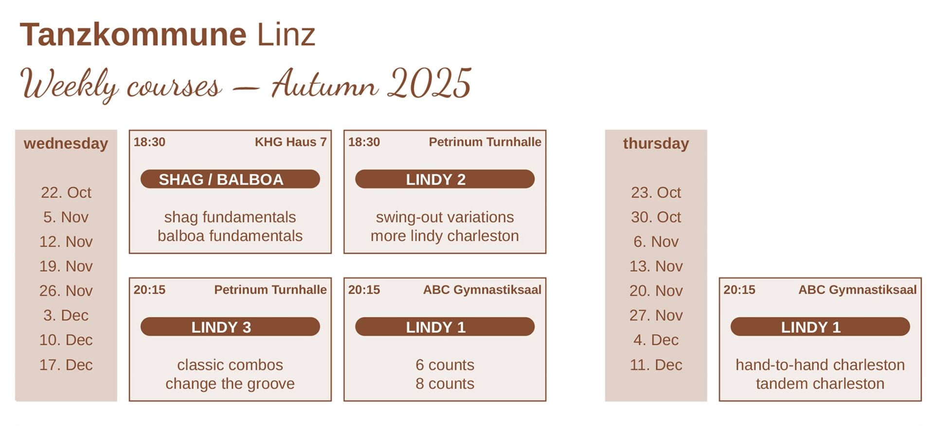 Übersicht über Tanzkommune Kurse im Herbst 2025